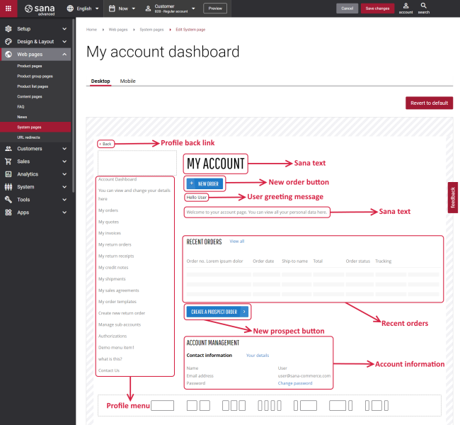 Editable pages - Dashboard